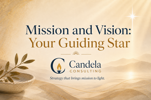 A guiding star or lantern light, symbolizing mission and vision as the compass for development strategy